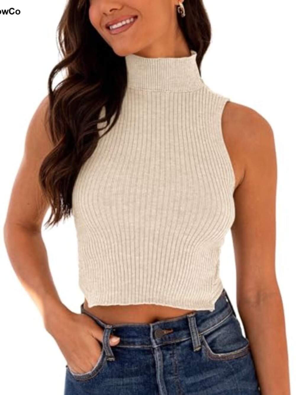 Womens Mock Neck Ribbed Knit Sweater Vest Sleeveless Crossback Crop Tank Top